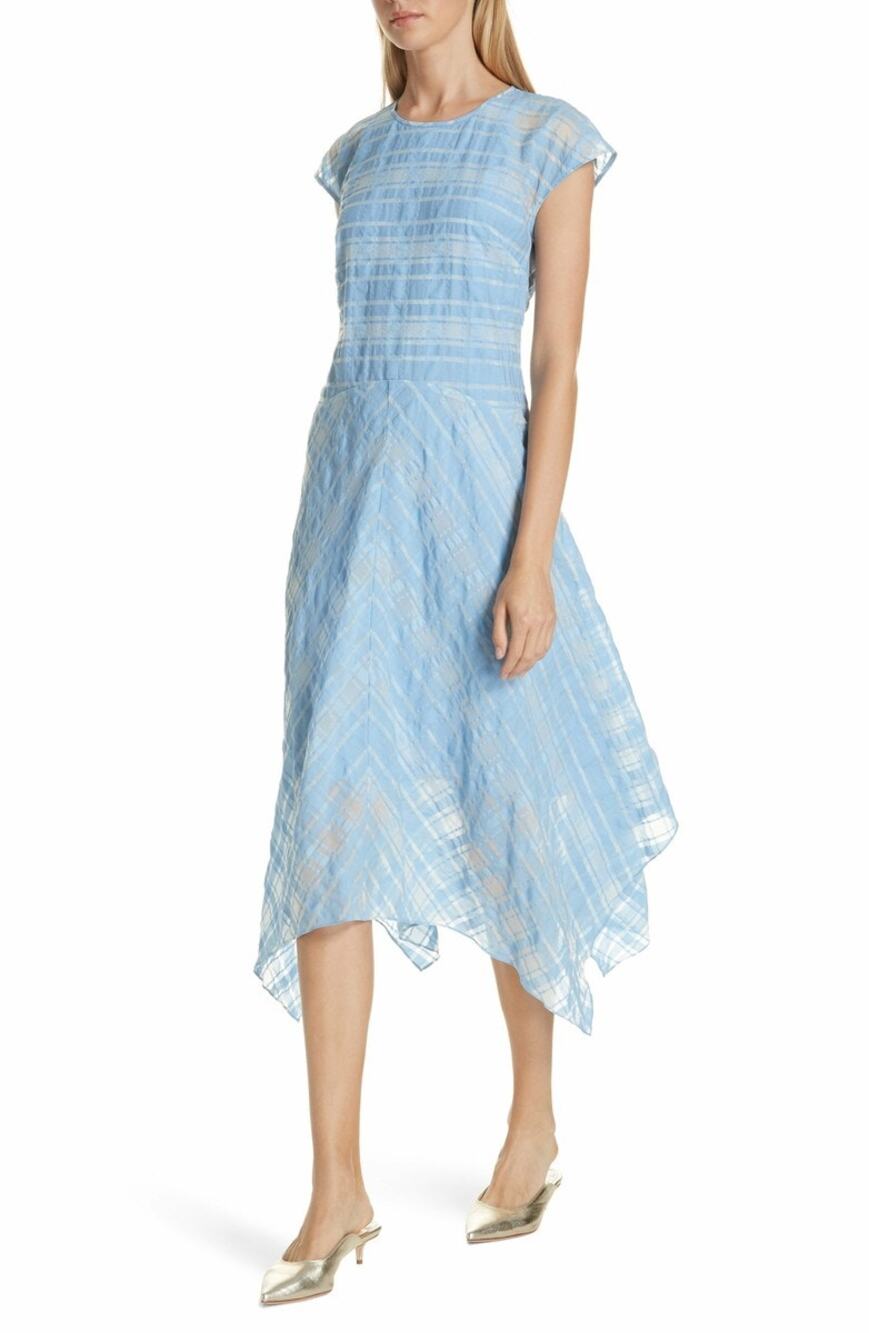 Lewit Grid Check Cap Sleeve Midi Dress Light Blue Handkerchief Hem Sz 10
